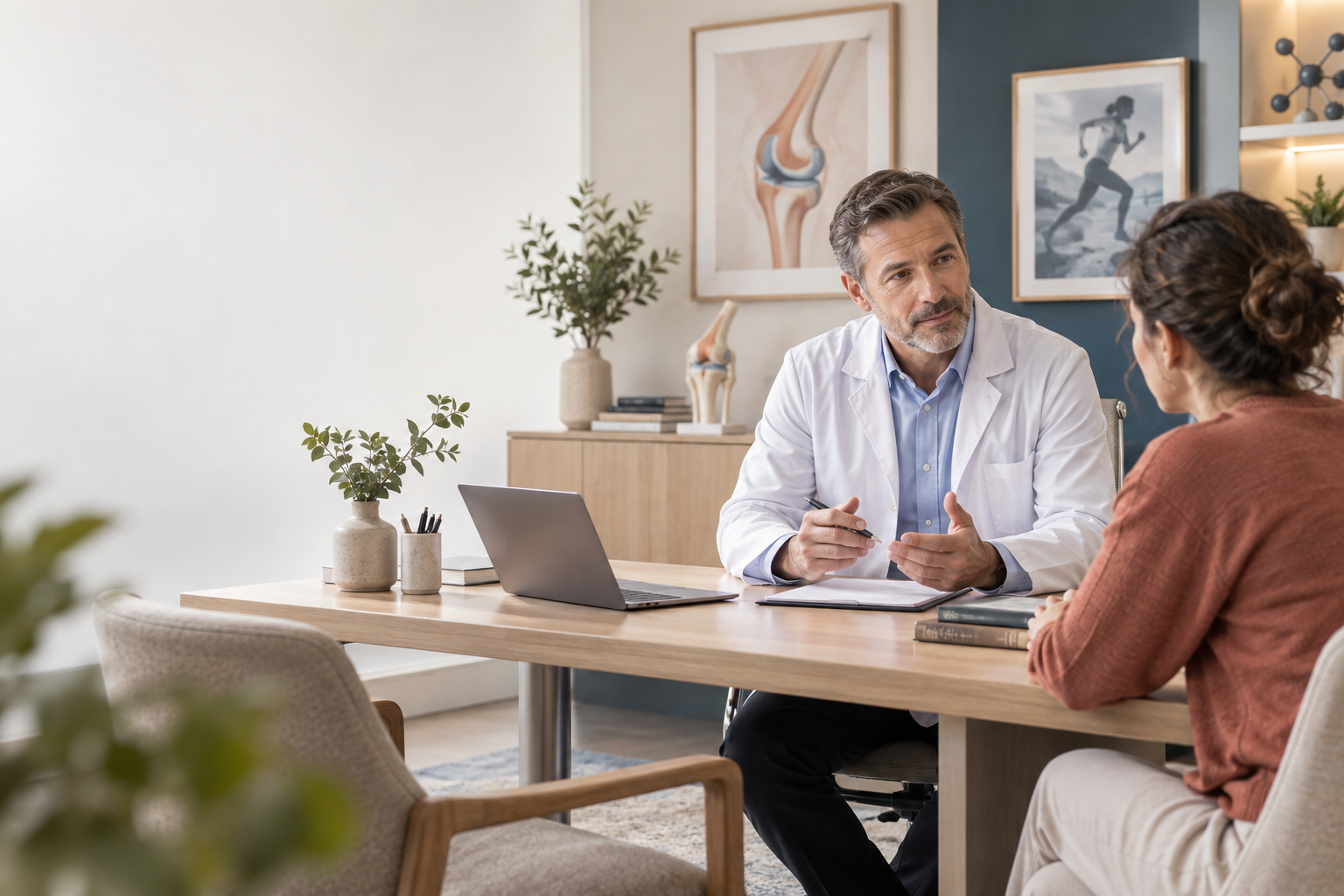 Consulta médica integrativa en un entorno cálido y profesional